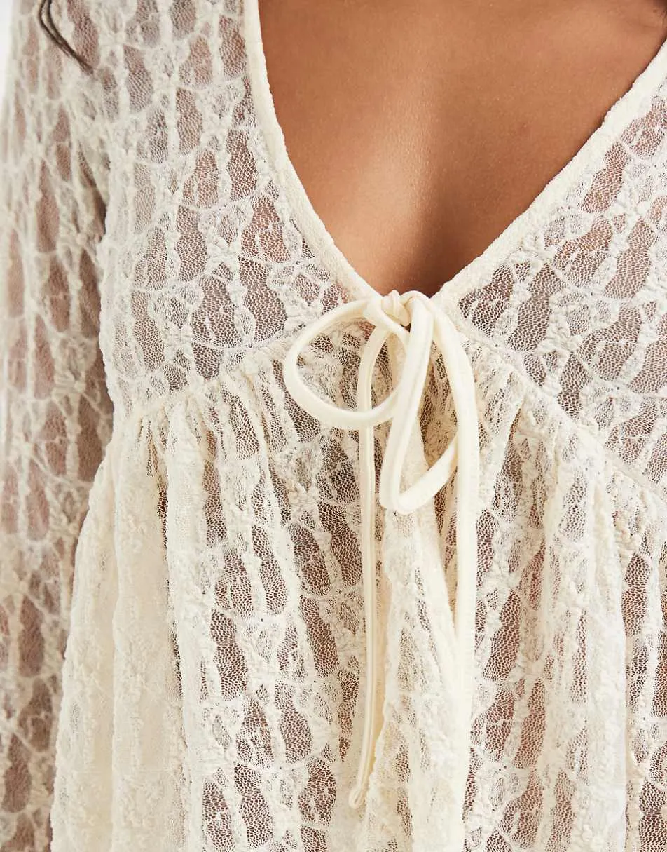 ONLY tie front lace cardigan in cream