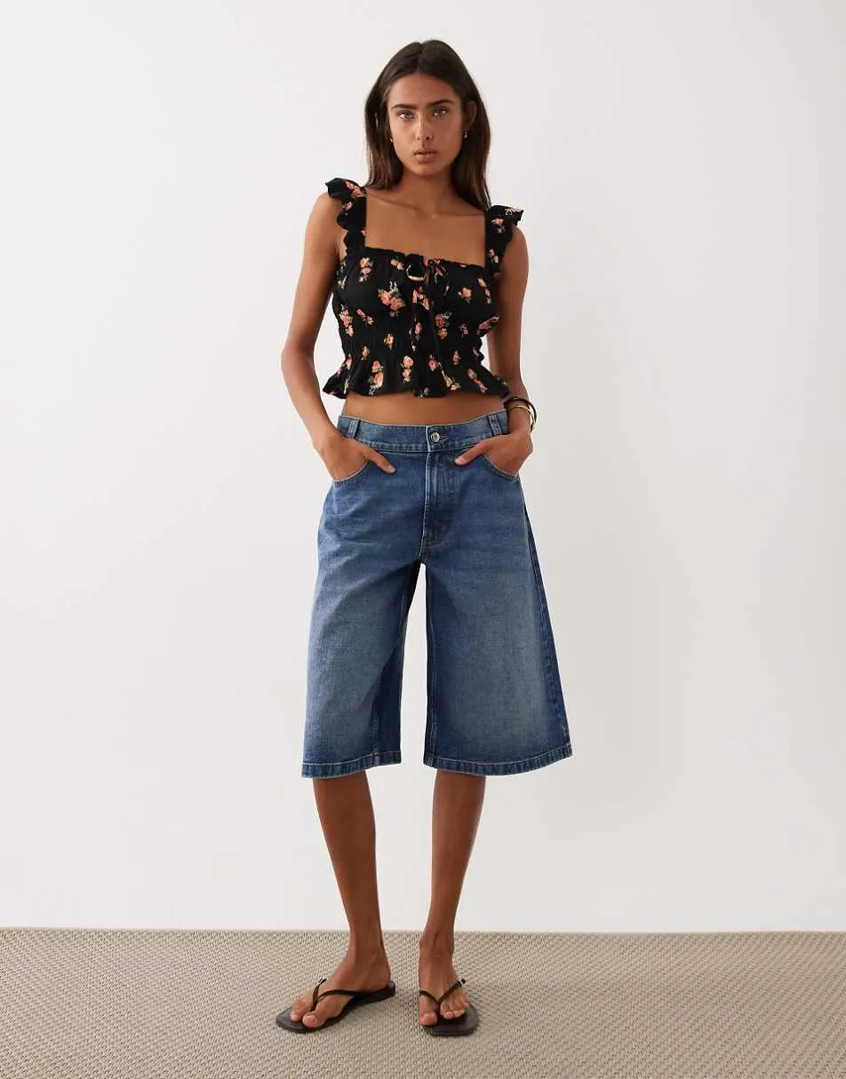 Miss Selfridge ditsy print shirred top with ruffle sleeve