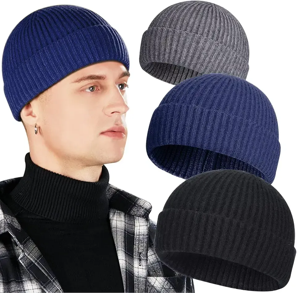 3 Pack Wool Fisherman Beanies for Men, Short Knit Watch Cap Cuffed Trawler Hats