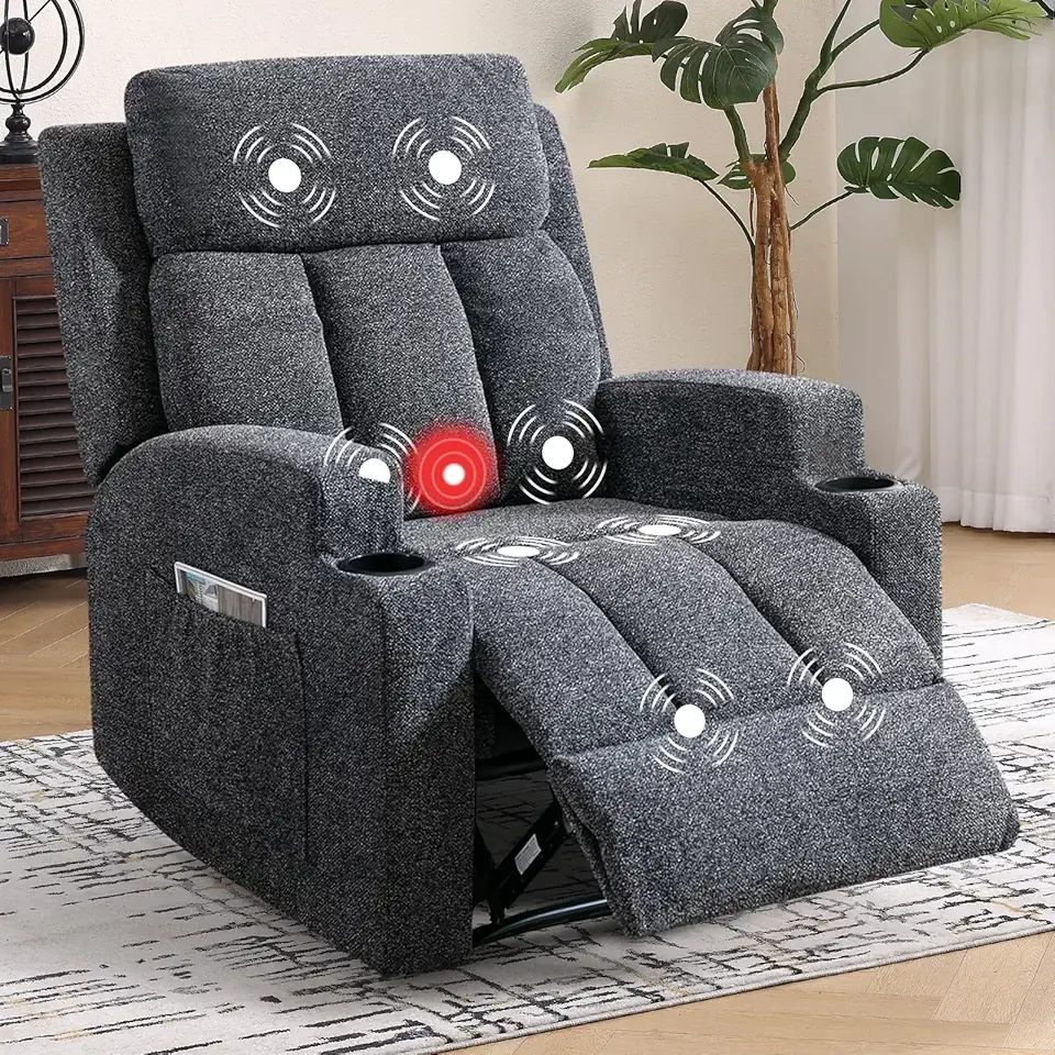 Fabric Manual Recliner Chair with Massage and Heat, Comfy Reclining Chairs with Overstuffed Arm and Back, Single Sofa with 2 Cup Holders, Side Pocket for Living Room (1, Dark Grey)