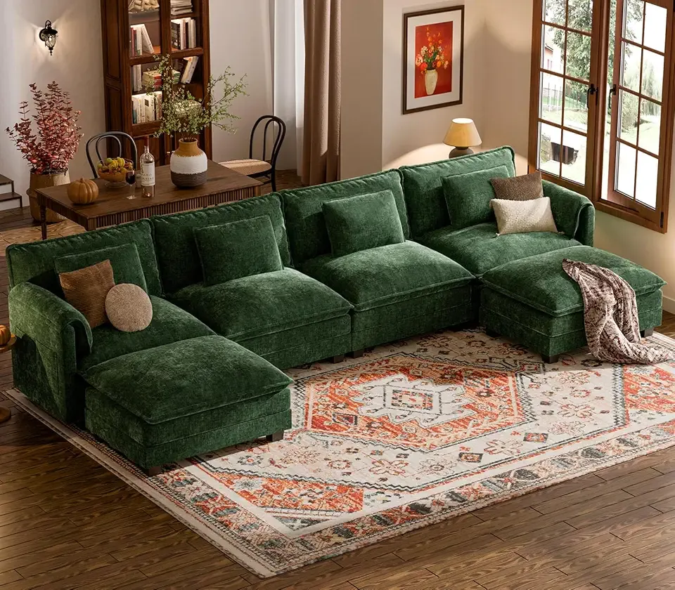ELUCHANG 153" U Shaped Modular Sectional Cloud Couch with Pillow, Deep Seat Sofa Couches for Living Room, 6-Seat Modern Sofa with Movable Ottoman, Chenille Olive Green