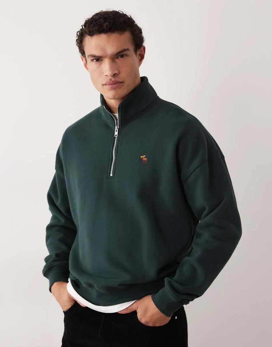 Abercrombie & Fitch icon logo quarter zip sweatshirt in green