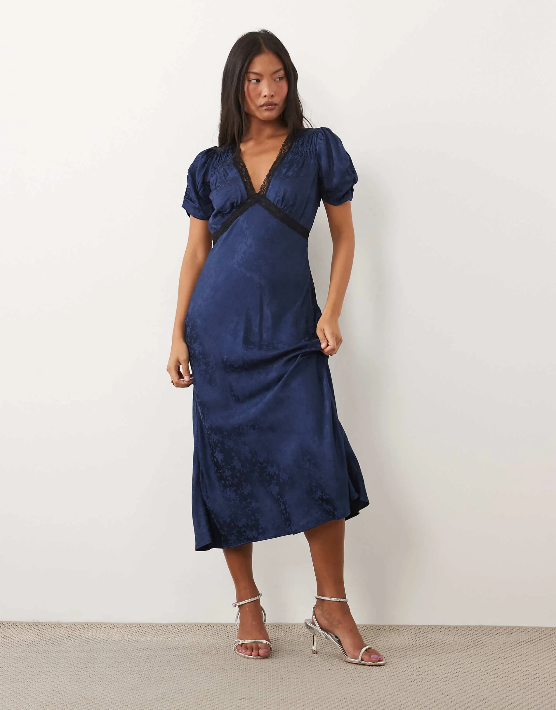 Nobody's Child Petite Nicolette satin jacquard lace detail plunge neck cap sleeve midi dress in navy