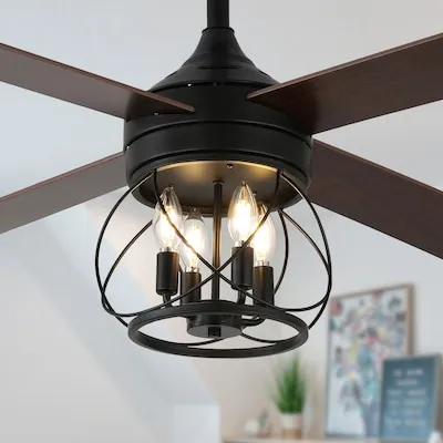 Faria 52-in Black with Farmhouse Blades Cage Ceiling Fan With Light and Remote Control Included 4 -Blade