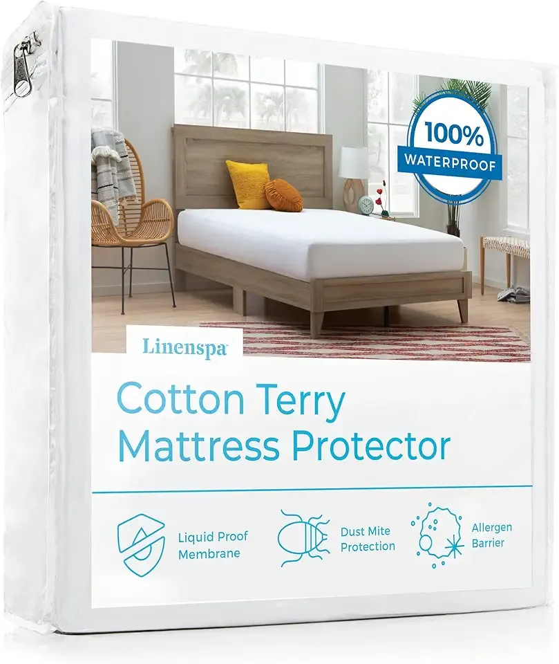 Cotton Terry Waterproof Mattress Protector - Top Protection Mattress Cover - Dorm Room Essentials - Twin XL, White