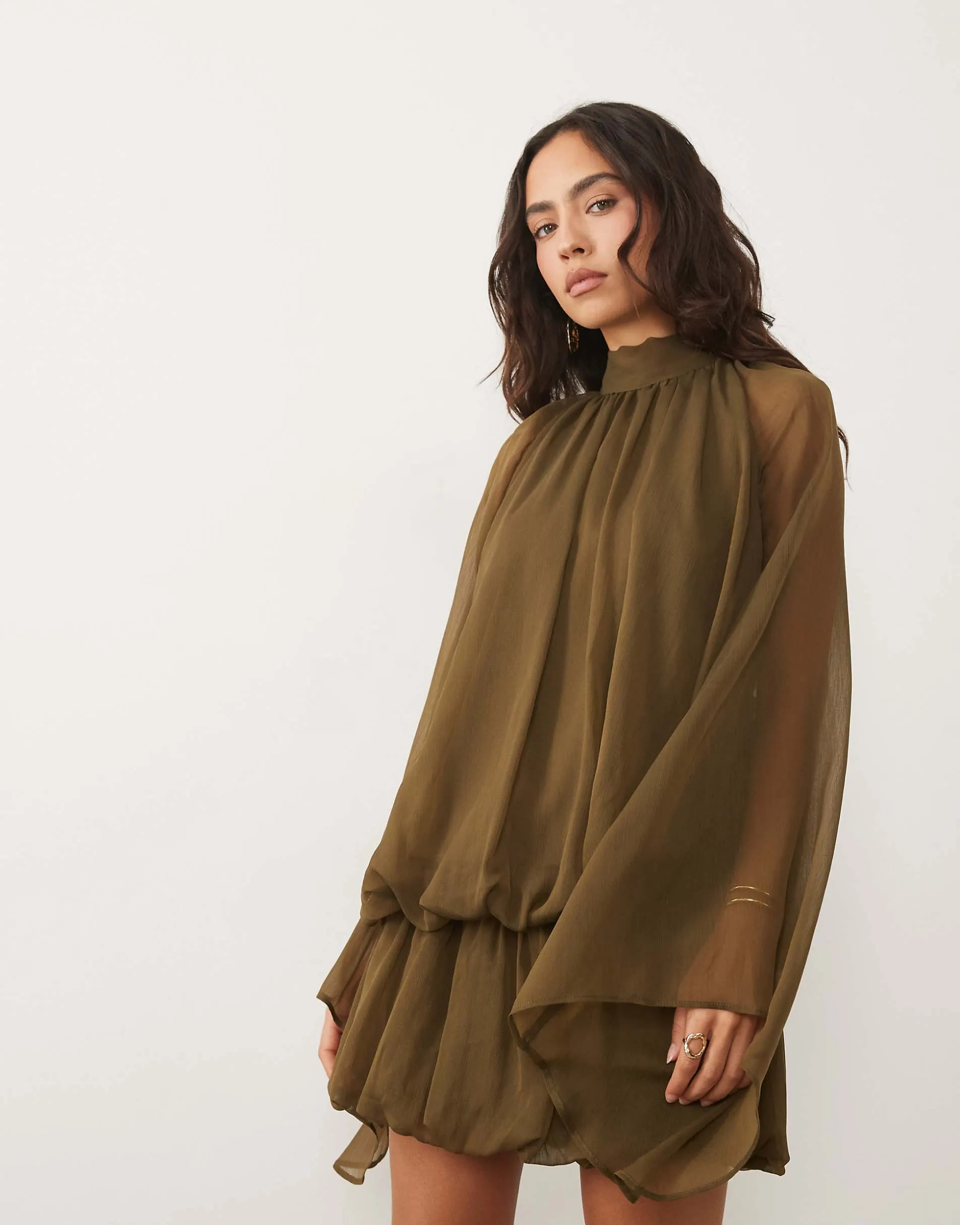 ASOS DESIGN tie neck bubble mini dress in khaki