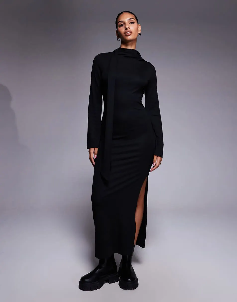 ASOS DESIGN scarf detail fluted sleeve midi dress in black