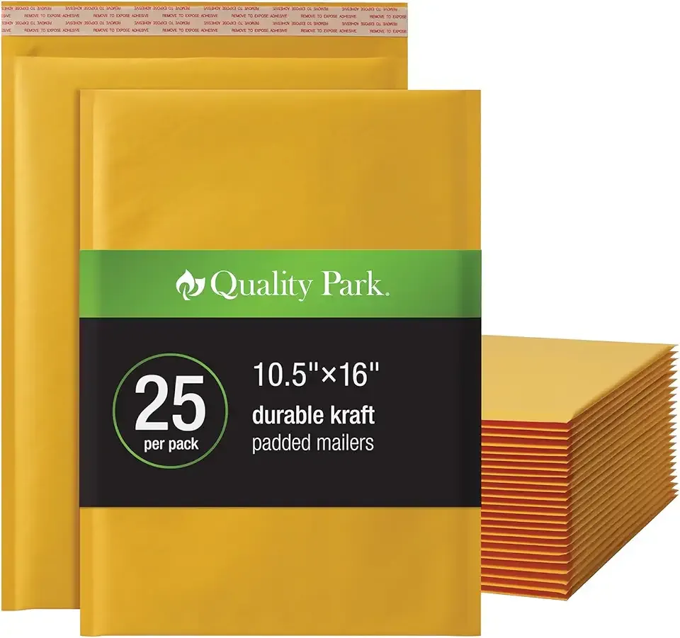 Quality Park Large Bubble Mailers, 10.5 x 15 Shipping Envelopes, Durable Brown Kraft Padded Envelopes, Redi-Strip Peel Off Closure, 25/Box (QUA85763)
