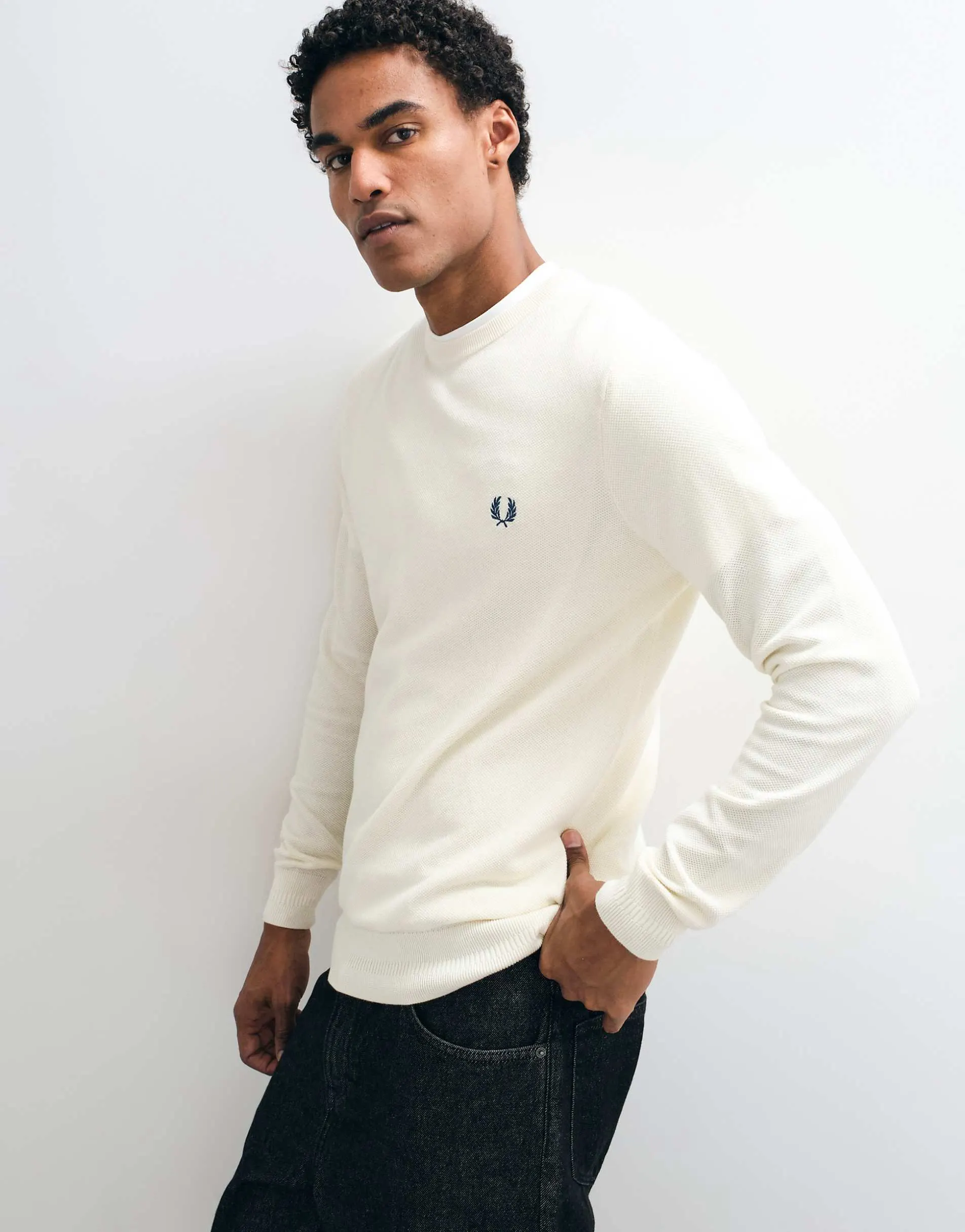 Fred Perry pique stitch logo knitted jumper in ecru