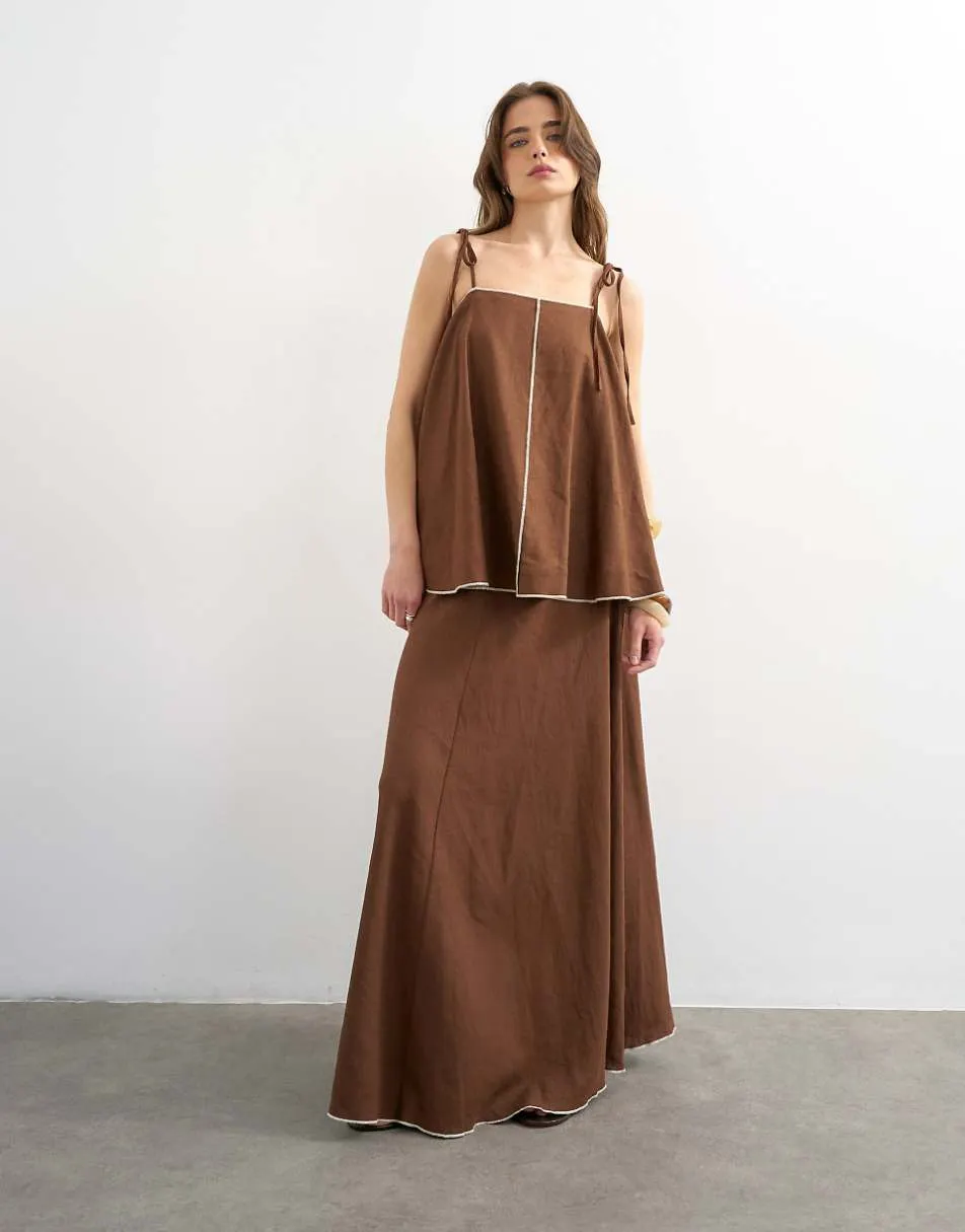 Topshop co-ord linen rich cami top with ecru contrast piping in brown