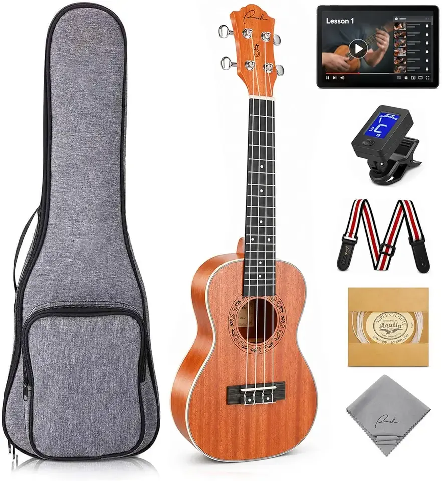 Ranch 23 Inch Concert Ukulele Kit for Beginners Adults, Sapele Wood Hawaiian Ukelele with Arched Back for Richer Sound, Includes 12 Online Lessons, Gig Bag, Tuner, Strap, Aquila Strings