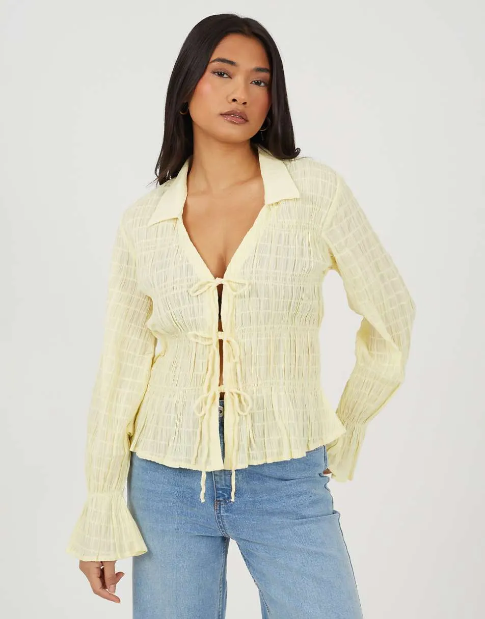 Brave Soul Long sleeve tie front smock top in lemon