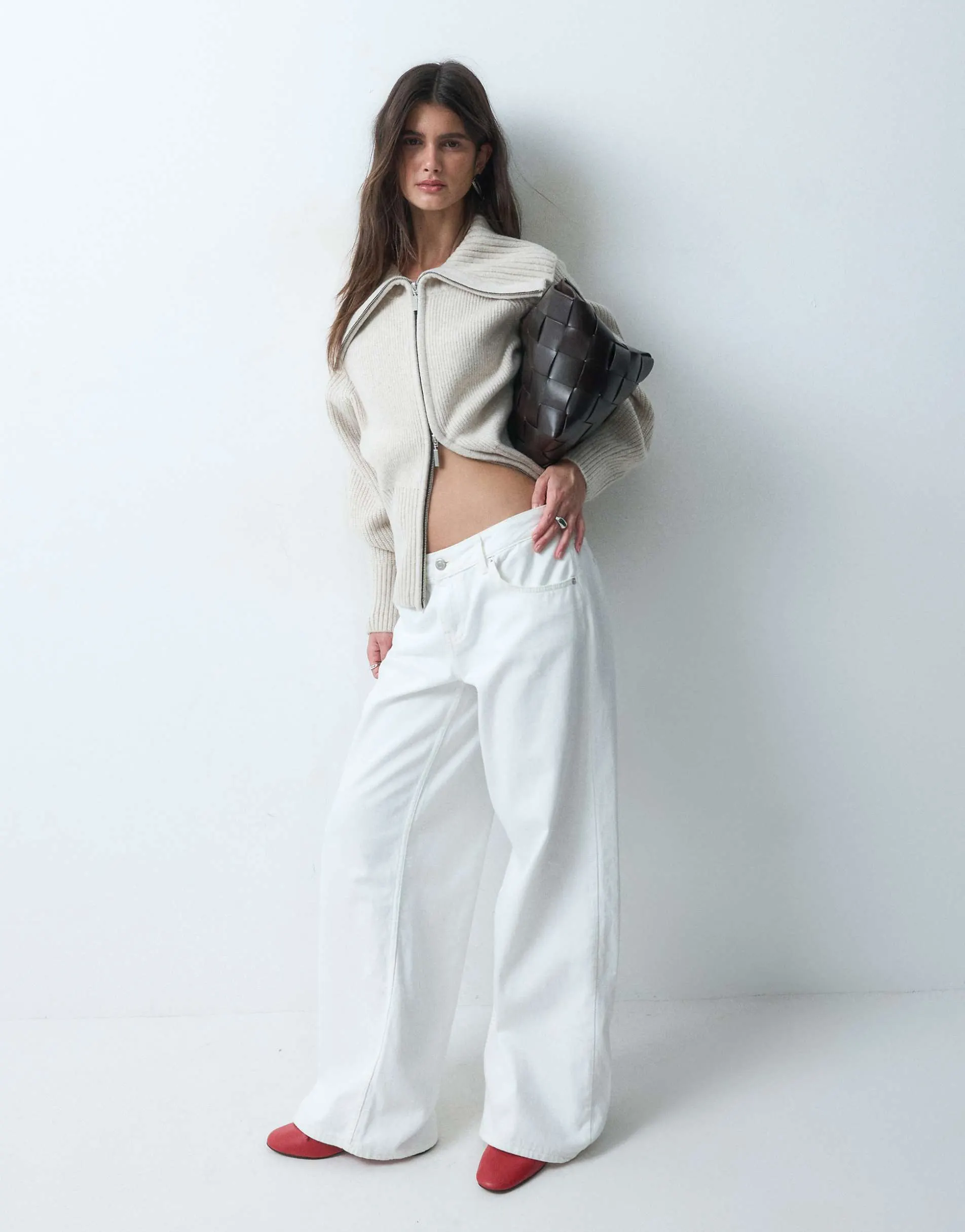 ASOS DESIGN wool blend clean waisted zip through jumper in oatmeal