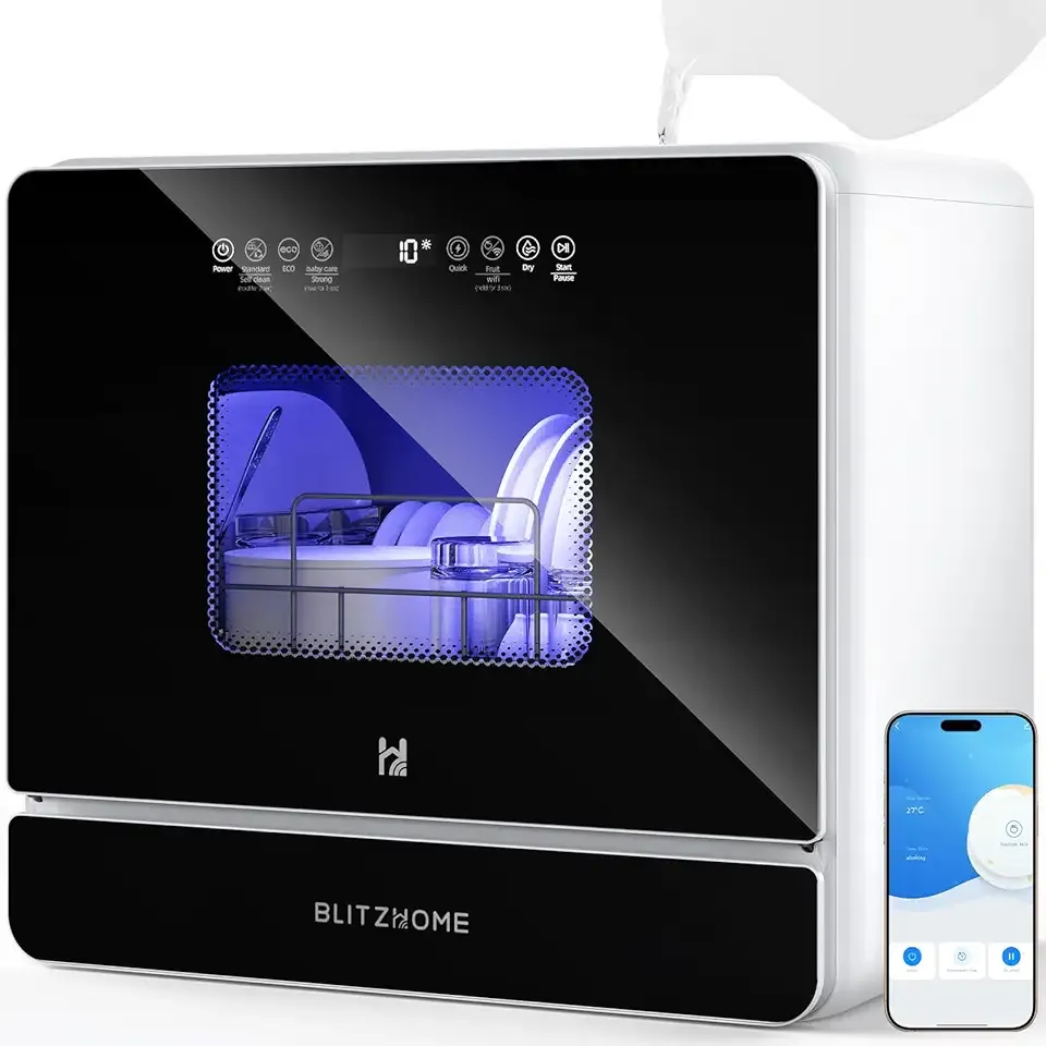 BLITZHOME WiFi Countertop Portable Mini Dishwasher, Smart 9 Programs,167℉ High-Temp, Hot Air Drying, Air Refresh, 360° 3 Spray, 24H Timing, LED Light, 5.2L Built-in Water Tank for Apartments RVs