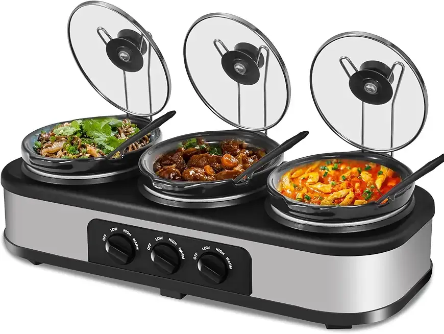 Triple Slow Cooker, 3×1.5 QT Buffet Servers and Warmers, 3 Pots Buffet Slow Cooker Adjustable Temp Lid Rests Stainless Steel Manual Silver for Parties Holidays Families