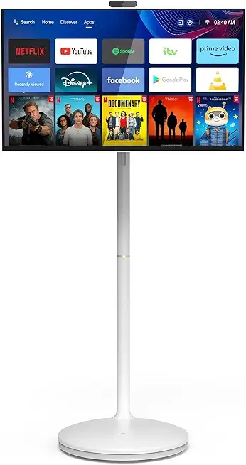 32 Inch Portable TV 4K Smart Touchscreen Monitor, Android Rolling TV with Detachable Magnetic Camera, 20W Audio, Rechargeable Battery, Full Swivel Rotation, Built-in Voice Remote