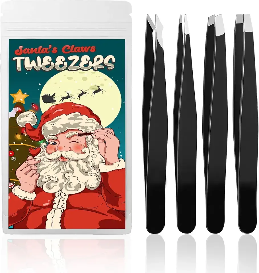 Tweezers for Women, Stocking Stuffers for Women Men Adults, Womens Gifts for Christmas White Elephant Gift Mom Santa Funny Stuffer Her Girls Teens Dad Mens, 4-Pack Tweezer Facial Hair Eyebrow Set