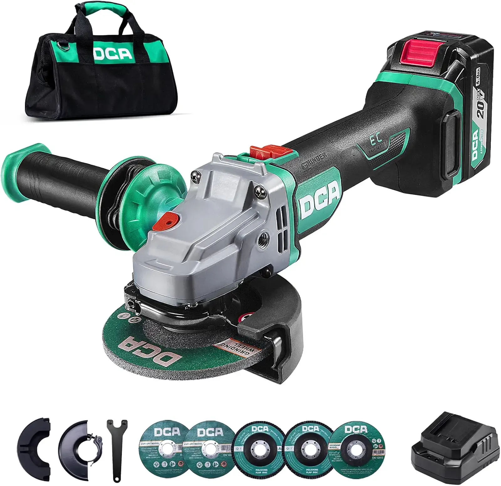 DCA Cordless Angle Grinder 4-1/2 inch, 20V Brushless Motor 8500RPM, Battery Grinder Tool-Free Guard, 4.0Ah Battery & Charger, Power Electric Cut Off Tool with 6 Discs for Cutting, Grinding, Polishing