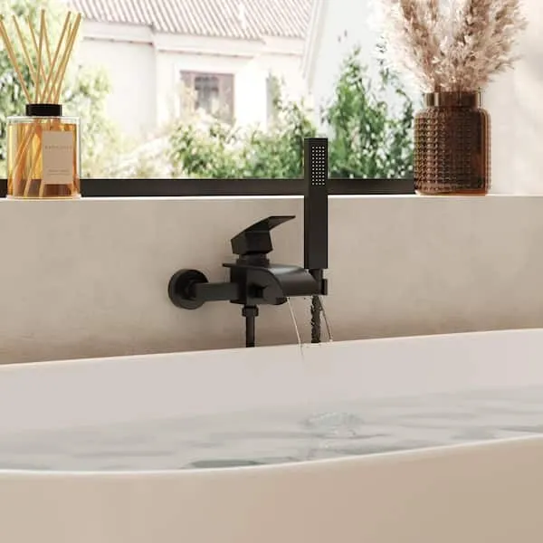 YAWWALK Single-​Handle Wall Mount 2-​Hole Waterfall Roman Tub Faucet 3.​6 GPM with Hand Shower in Matte Black (Valve Included)​