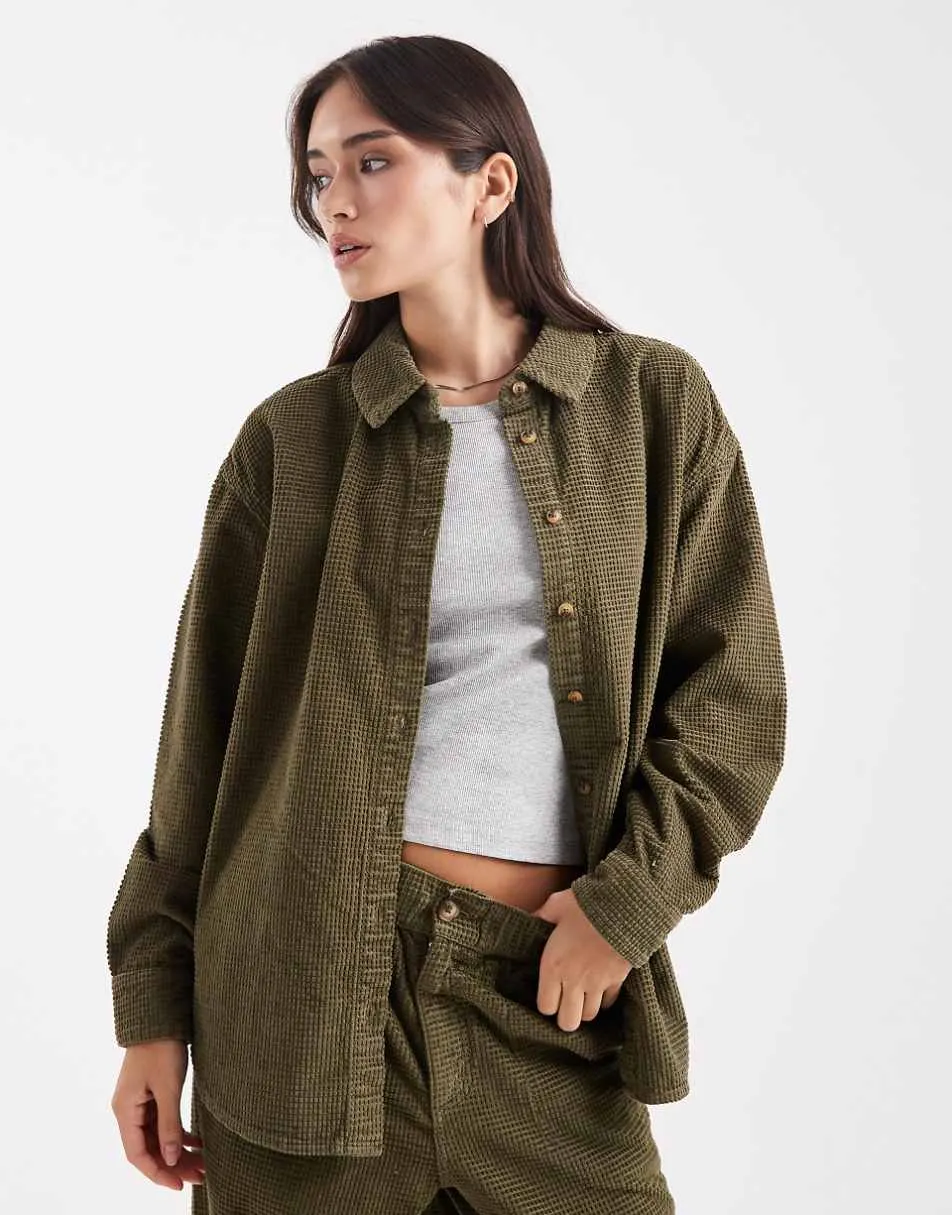 ASOS DESIGN relaxed shirt in bubble cord co-ord in khaki