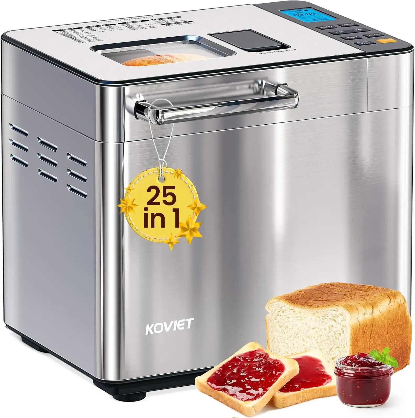 KOVIET 25-in-1 Bread Maker Machine with Automatic Dual Dispenser, 2LB Stainless Steel Breadmaker with Gluten-Free, Dough, Jam, Yogurt etc Settings, Silver