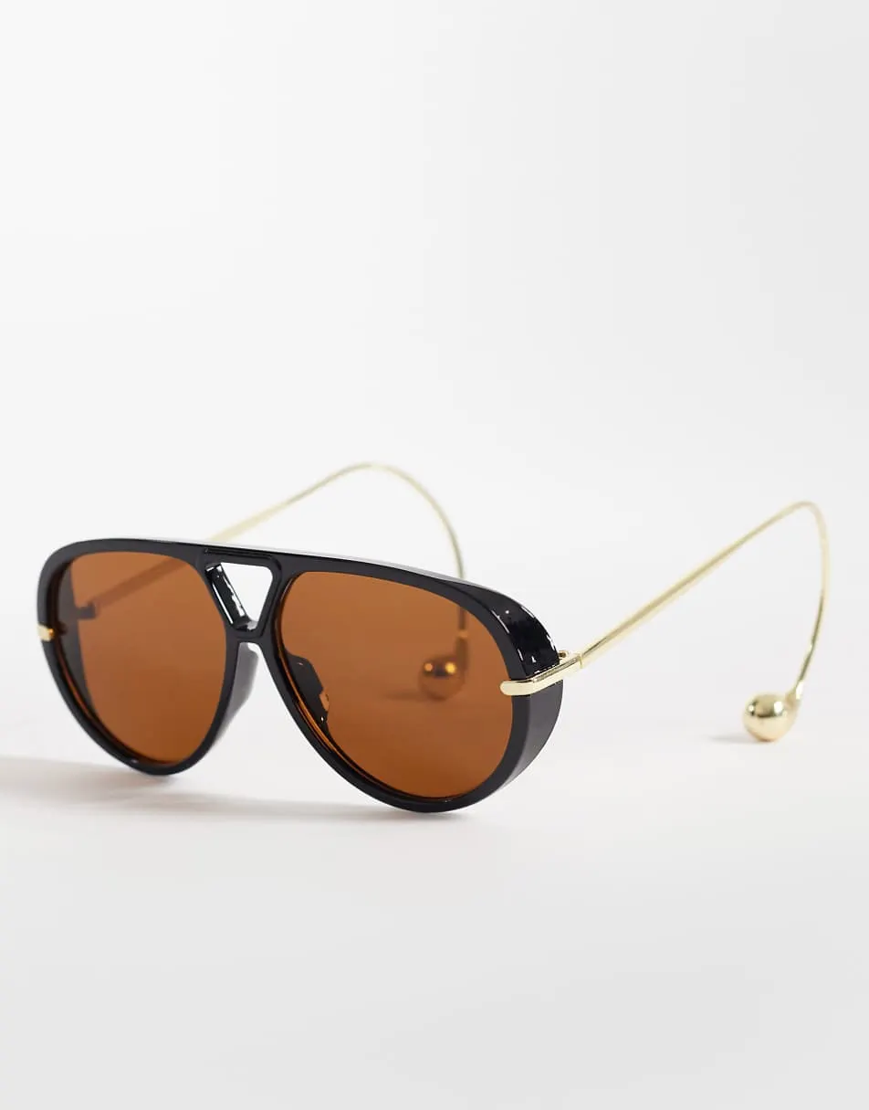 Kaiia exclusive smoky lens curved aviator sunglasses in brown and gold