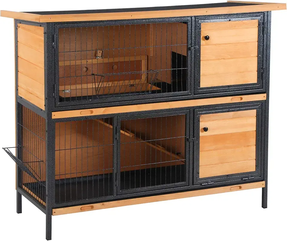 PawHut 48" 2-Story Large Rabbit Hutch Bunny Cage Wooden Pet House Metal Frame with Rooms, Ramp, No Leak Tray, Feeding Trough, Waterproof Asphalt Roof for Rabbits, Chickens, Ducks, Outdoor/Indoor
