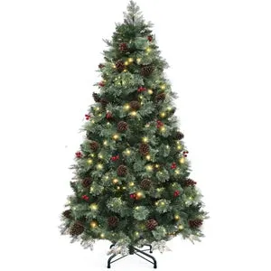Árbol artificial verde de 6 pies con mando a distancia, 650 puntas mezcladas, 36 piñas, 30 bayas rojas, 300 luces y 11 modos de iluminación