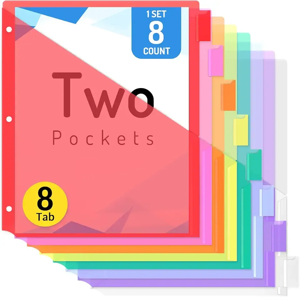 Forvencer 8 Count Dividers with Two Pockets, 8 tabs Binder Dividers for 3 Ring Binder Organizer, Multicolor, 1 Set