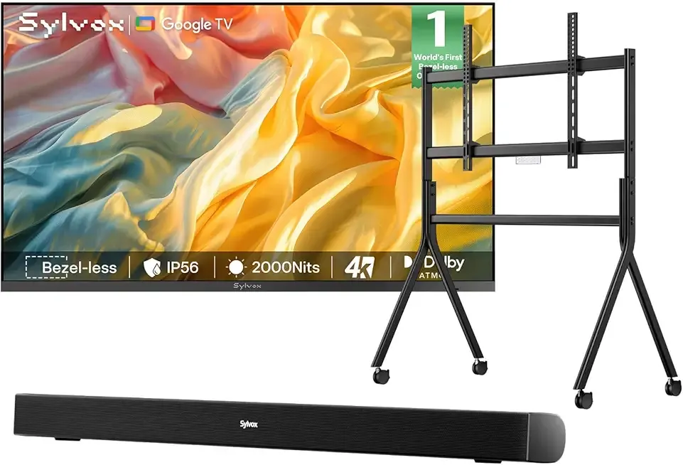 SYLVOX Outdoor TV with Rolling Stand & Soundbar, 75" Full Sun TV 2000 Nits, Ultra-Narrow Bezel, 4K Smart Television, IP56 Waterproof, Dual Speakers, for Poolside, Yard, Business (Frameless Pro Series)