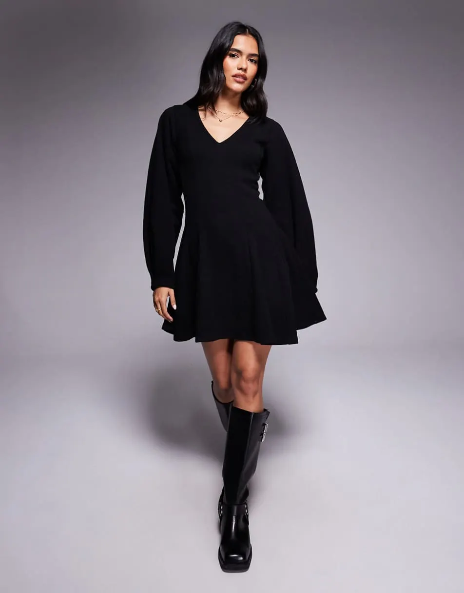 ASOS DESIGN supersoft V neck fit and flare with seam detail mini dress in black