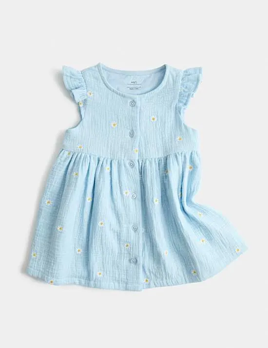 Besticktes Kleid aus reiner Baumwolle und Knopfleiste (0–3 Jahre)