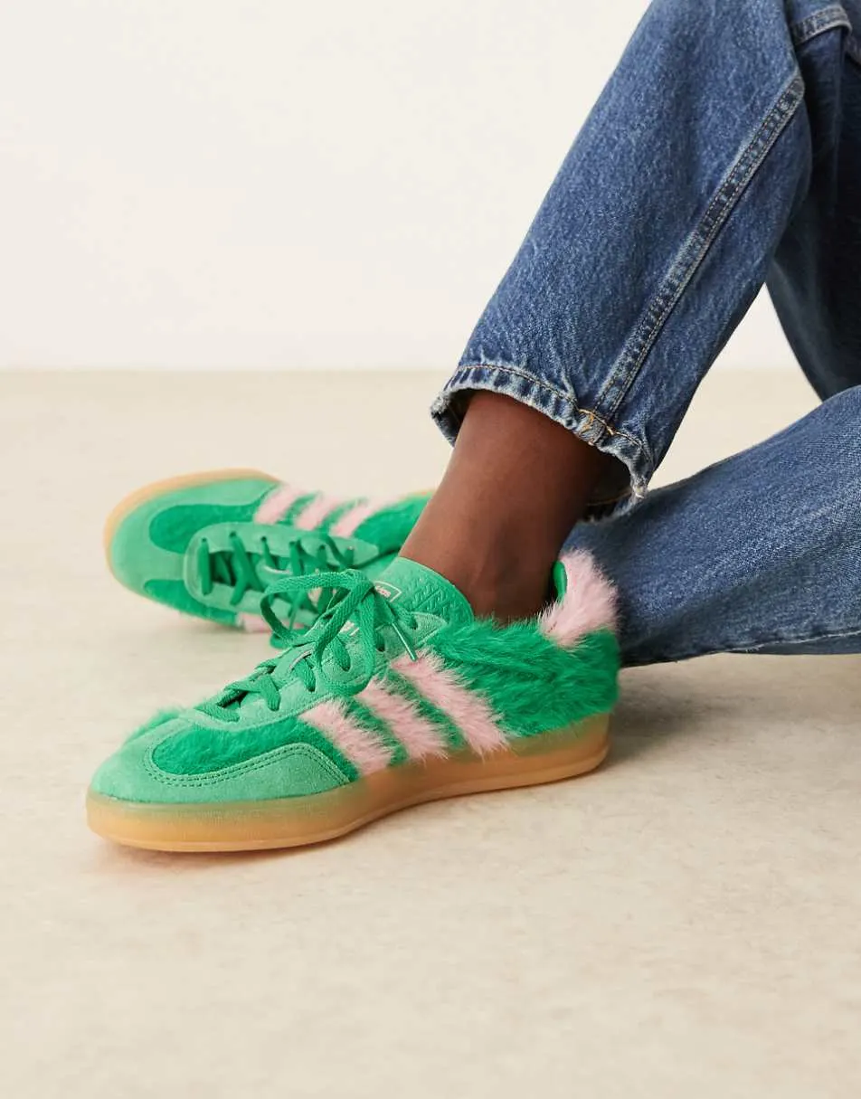 adidas Originals Gazelle Indoor trainers in green and pink fuzzy