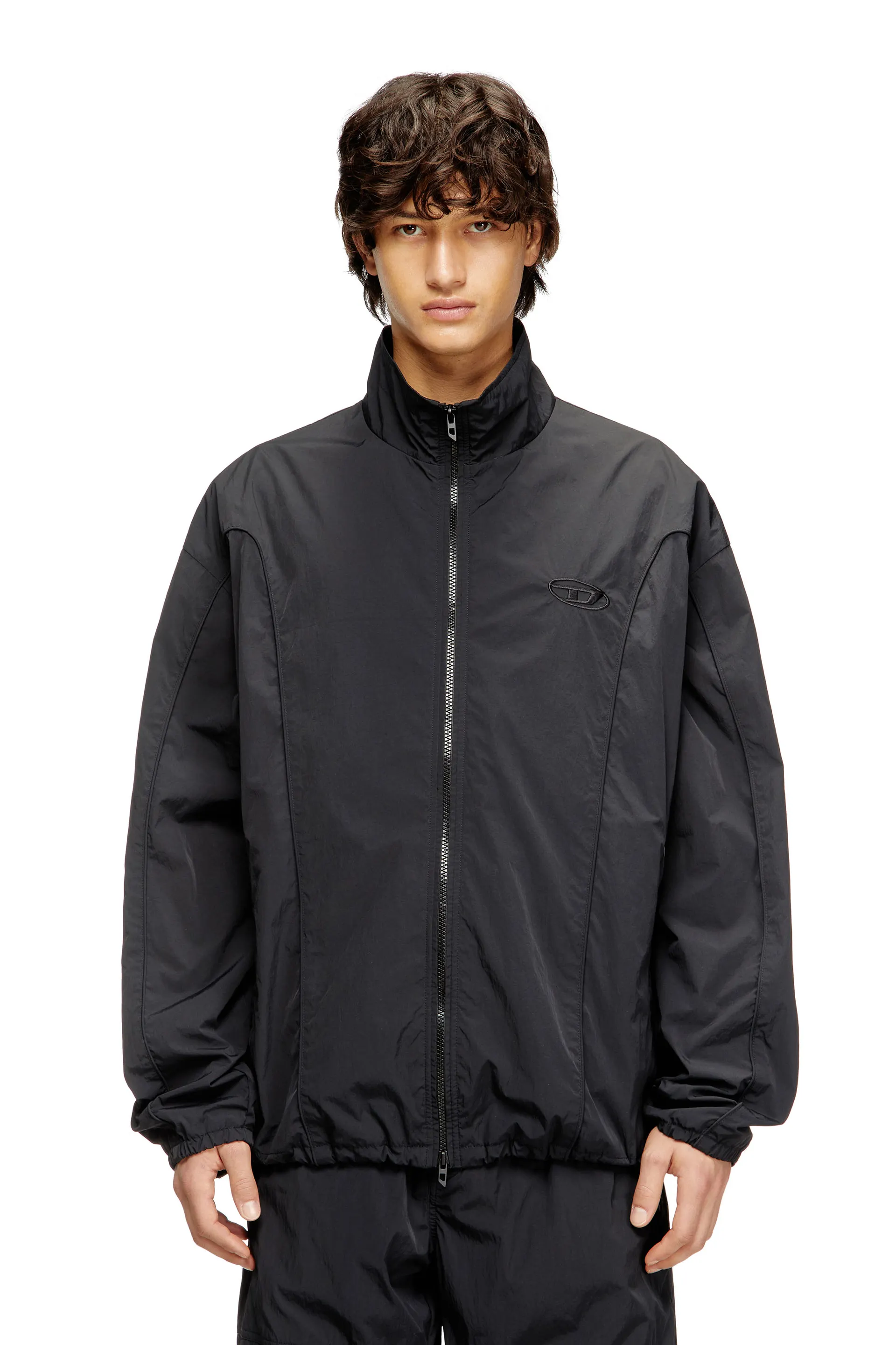 Crinkled-nylon jacket with piping