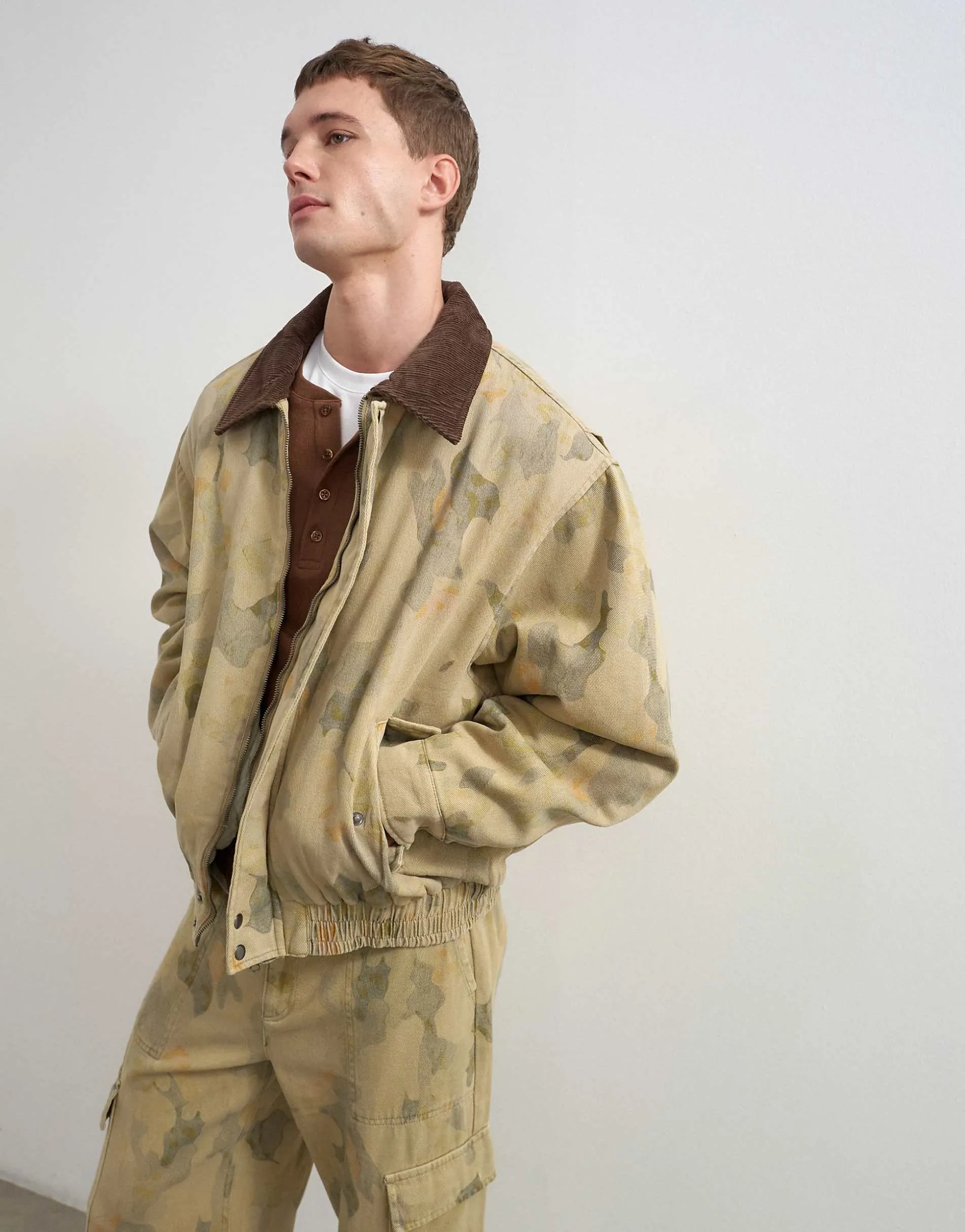 Topman oversized fit twill camo print bomber jacket with cord collar in khaki