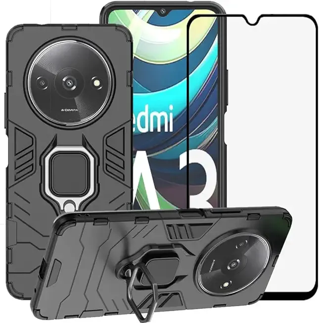 for Xiaomi Redmi A3 4G 6.71" Case, 2 in 1 Hybrid Heavy Duty Armor Shockproof Defender Kickstand Dual Layer Bumper Hard Back Case Cover Tempered Glass Screen Protector，Black