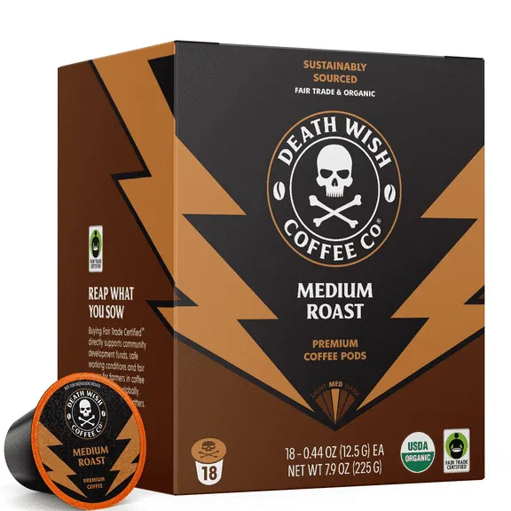 Death Wish Coffee, Organic and Fair Trade, Medium Roast, Single-Serve Coffee Pods, 18 Count