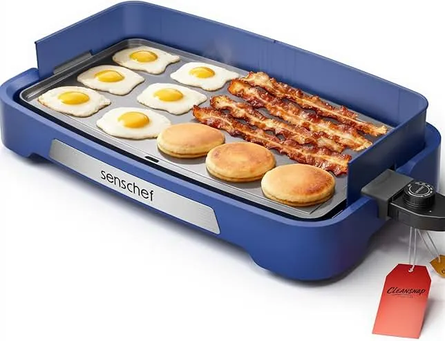 SENSCHEF Cleansnap Everyday Electric Griddle,The Ultimate Gift for Family Feasts - 20” Nonstick Grill with Foldable Anti-Mess Shield, Rapid 1700W Heat&PPG Ceramic Coating, Dishwasher Safe, Ocean Blue