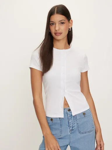 Rib Button Through Short Sleeve Top