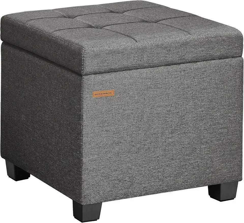 Square Storage Ottoman, Foot Stool Footrest with Legs, Ottoman Cube with Hinged Lid, for Living Room, Bedroom, 16.9 x 16.9 x 18.1 Inches, Linen-Look Fabric, Slate Gray ULOM509GN01