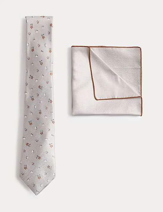 Pure Silk Ditsy Floral Tie and Handkerchief Set