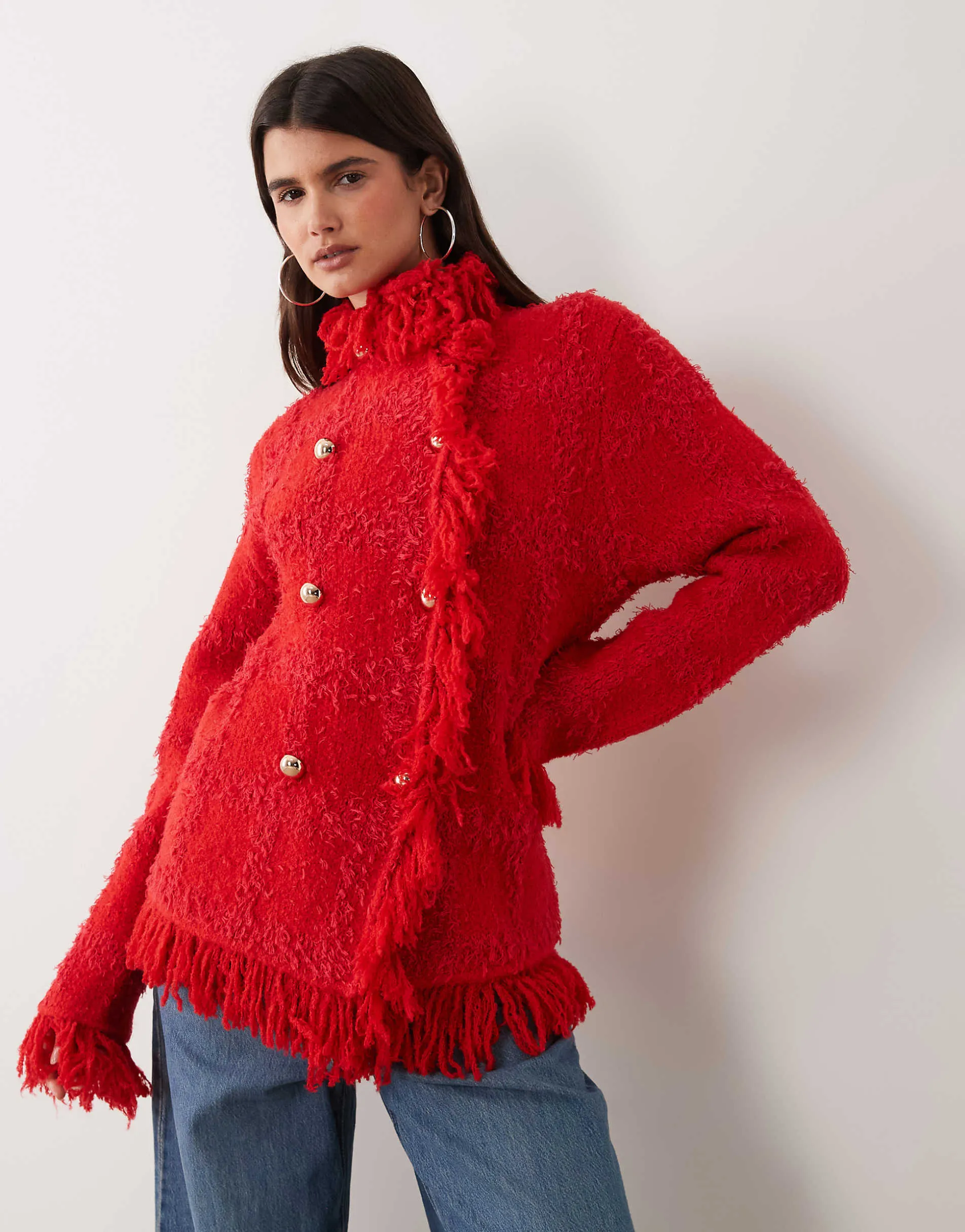 ASOS DESIGN textured fringe double breasted cardigan in red