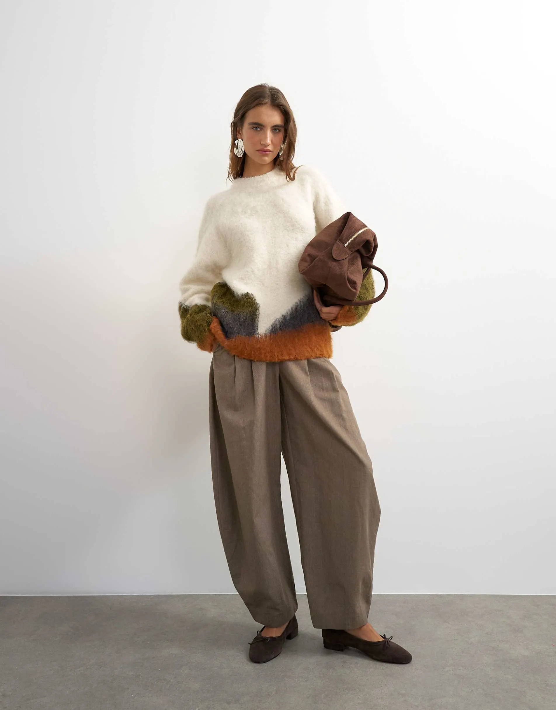 Topshop knitted hairy abstract colour block stripe crew neck jumper in ivory multi