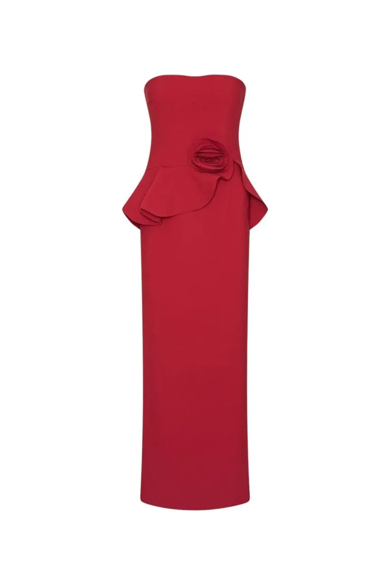 Long Flower Strapless Dress - Rød