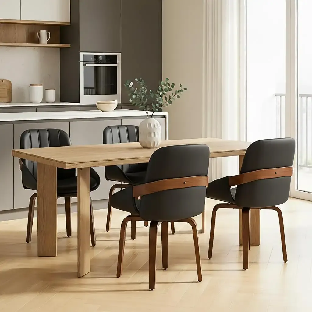Swivel Dining Chairs Set of 4, Black Leather Dining Room Chairs | Mid Century Modern Upholstered Kitchen Vanity Accent Chair, Walnut Backrest Support with Arm ,Sturdy Wood Leg(Black,Set of 4)