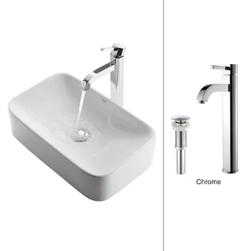 Kraus 19.44-inch x 12.50-inch x 11.84-inch Rectangular Ceramic Bathroom Sink with Ramus Faucet in Chrome