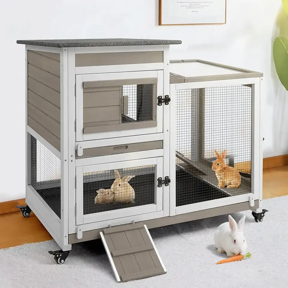 2 Story Rabbit Hutch Indoor with 2 Deeper Pull-Out Trays, Wooden Rabbit Cage with 4 Lockable Wheels, Ramp, Chew-Anti Metal Strip for Rabbit, Guinea Pig, Hamster(40.2" L X 23.2" W X 36.6" H)