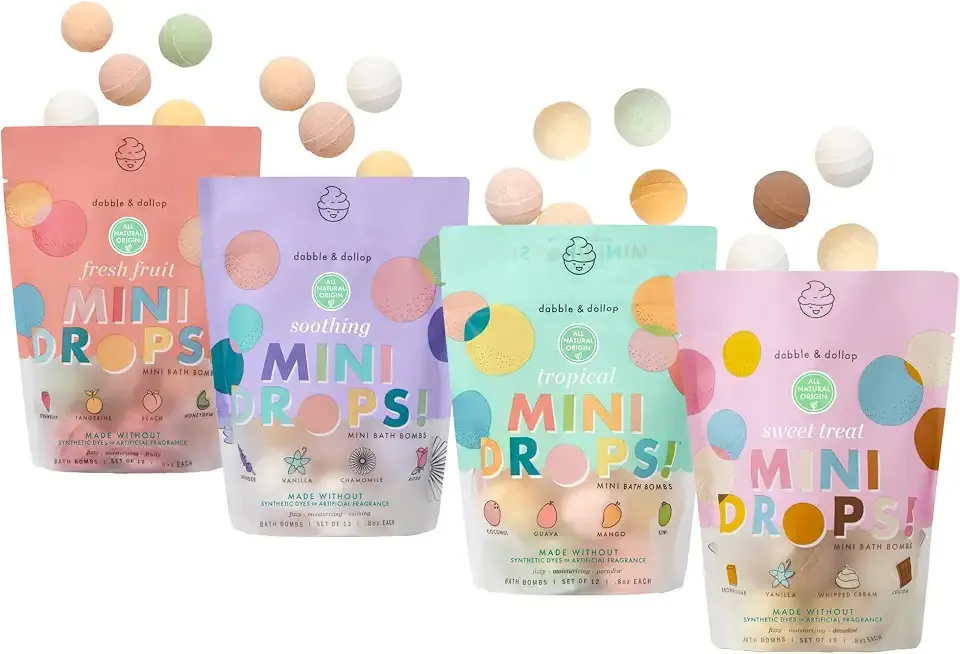 Dabble & Dollop Mini Bath Bombs, 4-Pouch Variety Pack - Natural Origin, Clean Ingredients, No Synthetic Dyes, Toddler & Kids Bath Bombs in Resealable Pouches (Set of 48)