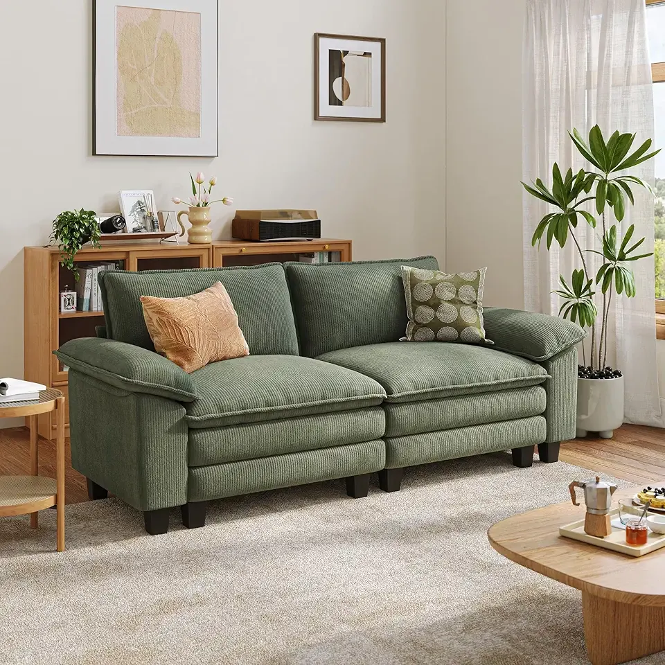 LINSY HOME 90'' Cloud Loveseat Sofa, Modular Sectional Couches Corduroy Cloud Couch Soft Modern Comfy Love Seat Sofa Set for Living Room Apartment Office, Green