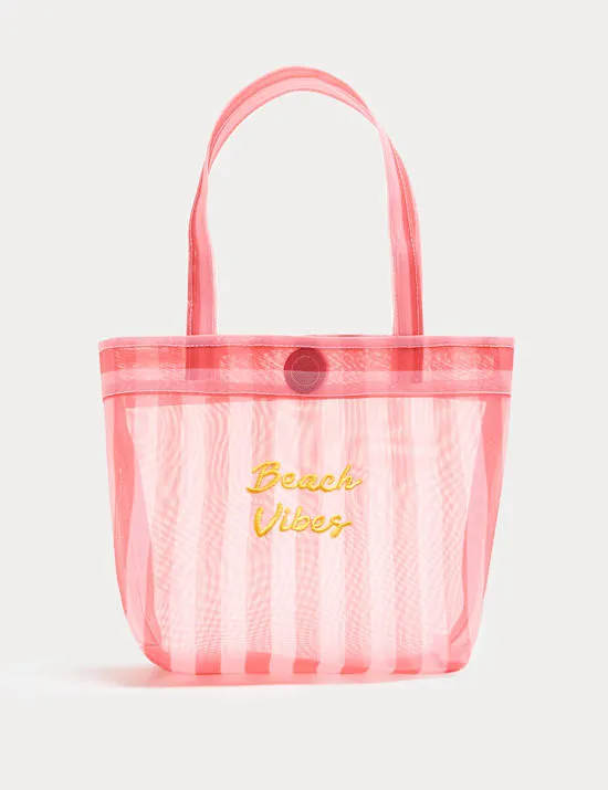 Beach Vibes Striped Mesh Tote Bag
